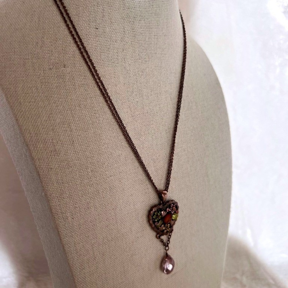 Heart Pendant Necklace Artisan Copper Rhinestone Gem Whimsigoth‎ Romantic 16"